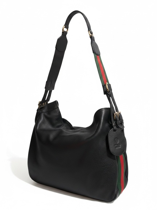Gucci Handbags - Vintage Gucci Black Pebbled Leather Web Stripe Hobo Shoulder Bag Italy Auth